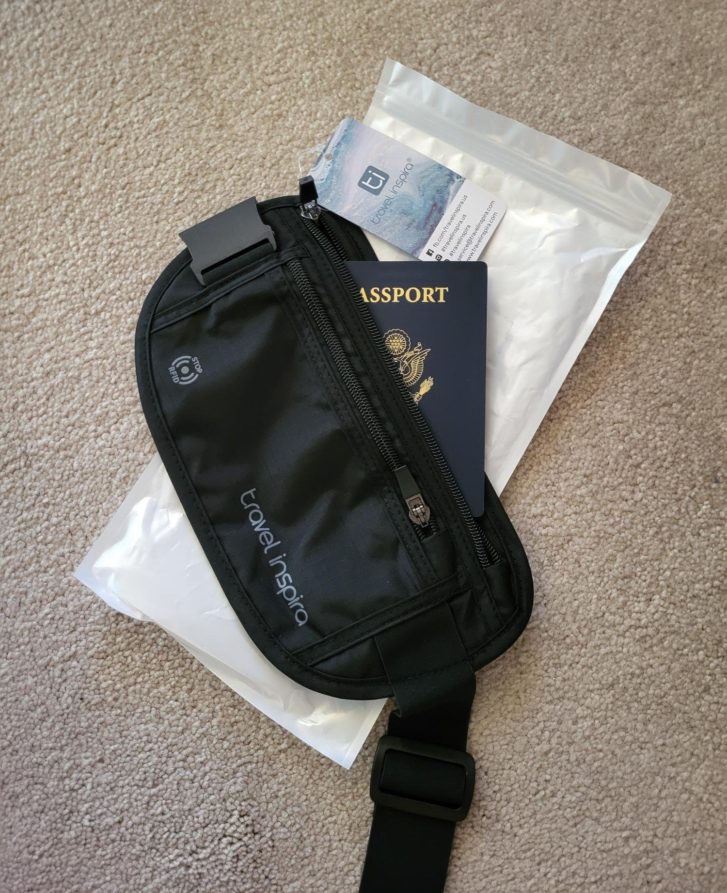 Travel Inspira money belt with passport showing RFID blocking